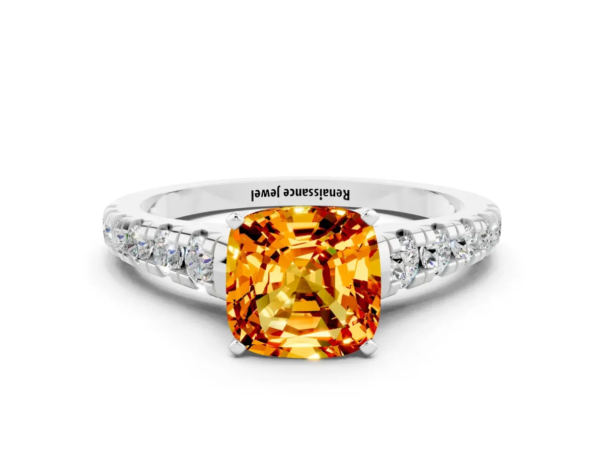 Cushion Cut Citrine Cathedral Solitaire Ring with Round Pavé Band Silver