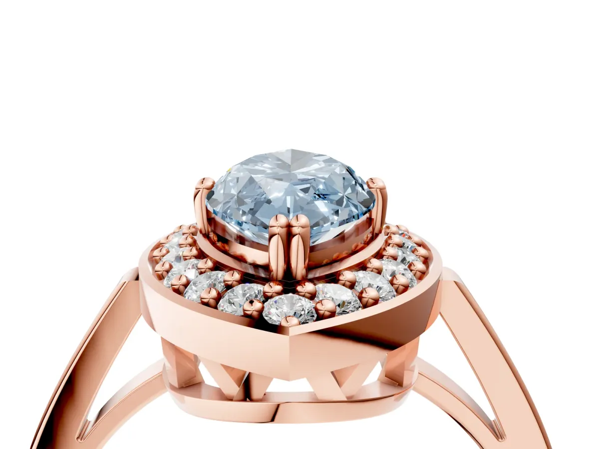 Fancy Blue Marquise Cut Diamond Halo Ring with Split Shank and Four-Prong Setting Rose gold