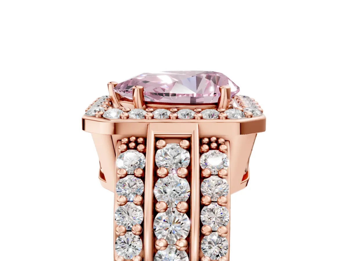 Fancy Pink Pear Cut Halo Diamond Ring with Round Split Shank and Prong Setting Rose gold
