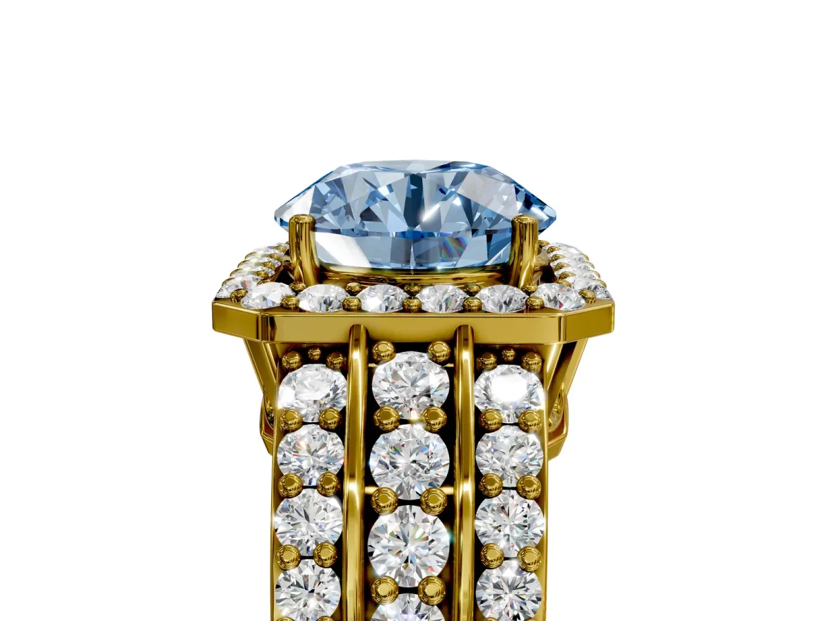 Fancy Blue Round Cut Halo Diamond Ring with Round Split Shank and Prong Setting Yellow gold