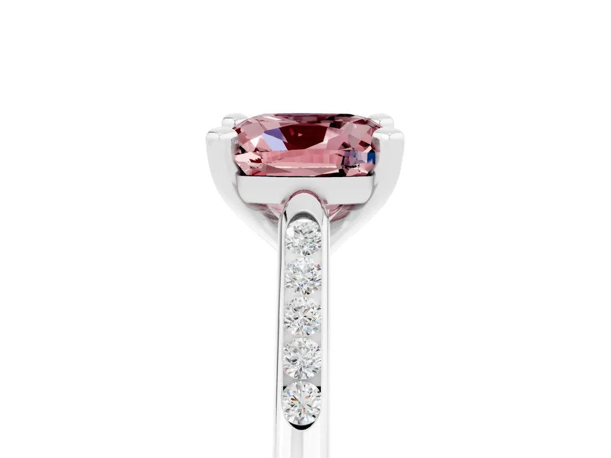 Cushion Cut Morganite Solitaire Ring with Channel Set Round Band and Prong Setting Silver