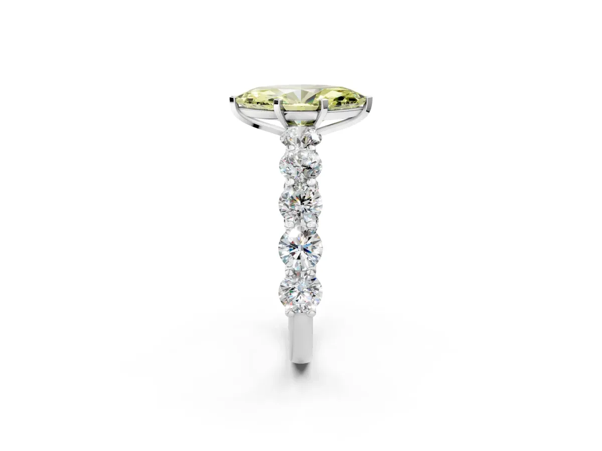 Fancy Yellow Marquise Cut Diamond Prong Setting with Side Stones on a Pave Band Silver