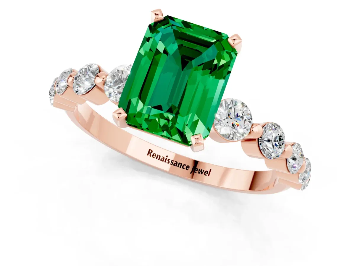 Emerald Cut Solitaire Emerald Ring with Pave Band and Four-Prong Setting Rose gold