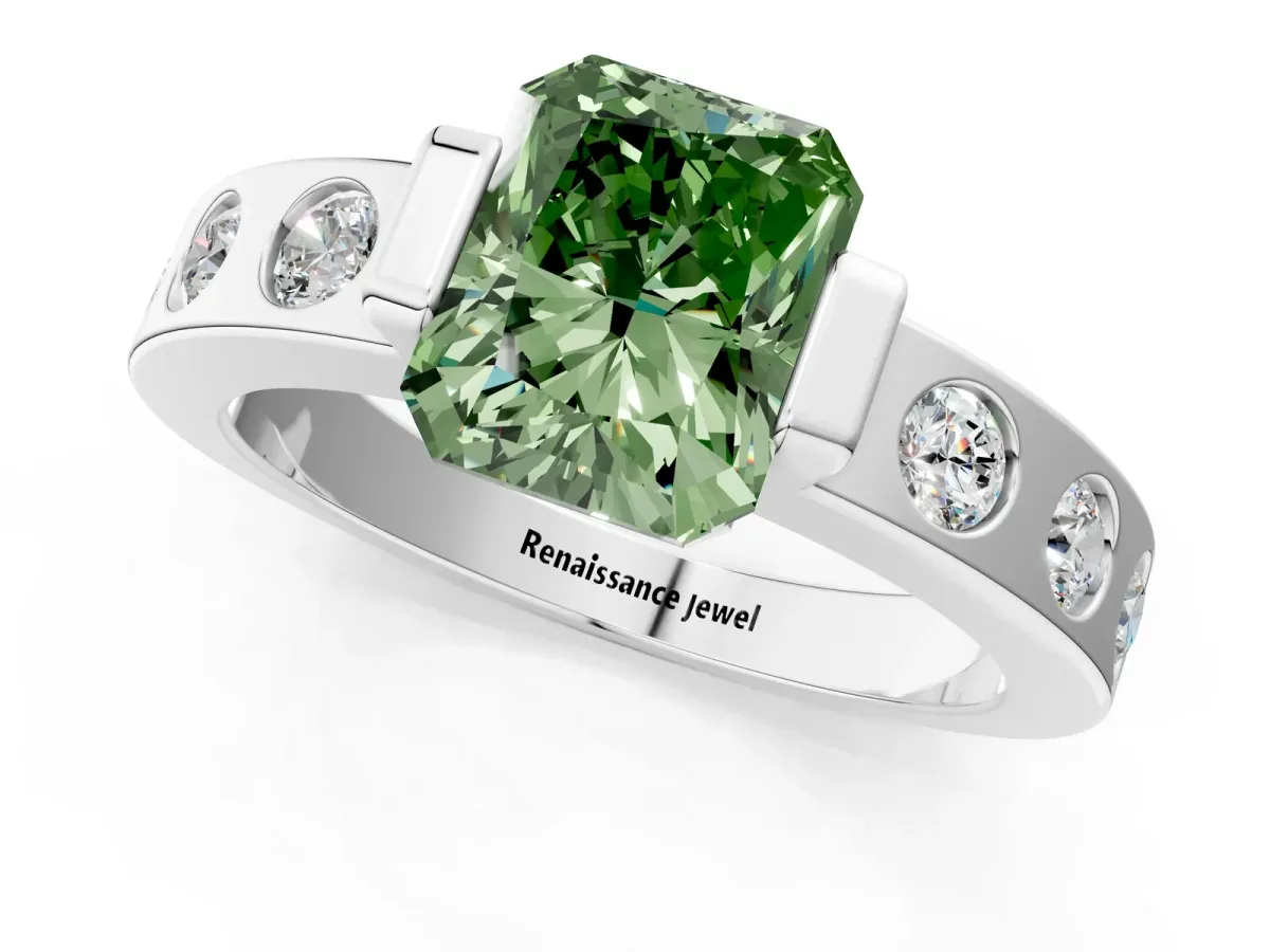 Fancy Green Radiant Cut Brilliant Channel-Set Diamond Ring with Bezel Prong Setting Platinum