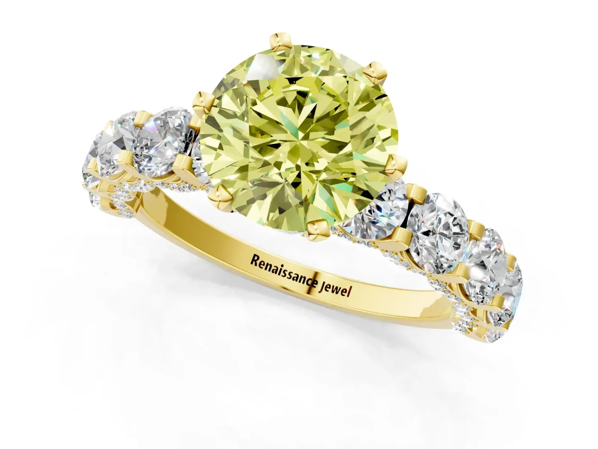 Fancy Yellow Round Cut Diamond Side Stone Engagement Ring with Four-Prong Setting Yellow gold