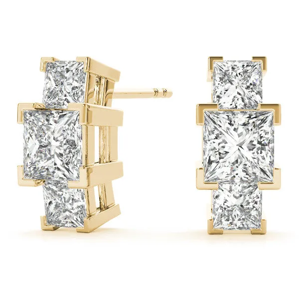Three-Stone Princess Cut Channel Set Earrings with Bar Prong Setting Yellow gold