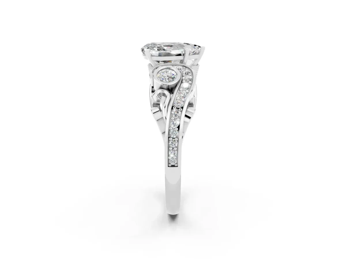 Pear Cut Moissanite Solitaire Ring with Milgrain Pavé Band and Four-Prong Setting Silver