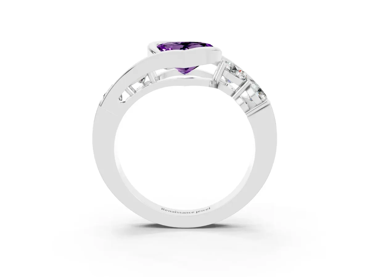 Bezel Set Heart Cut Amethyst Bypass Ring with Round Accents Platinum