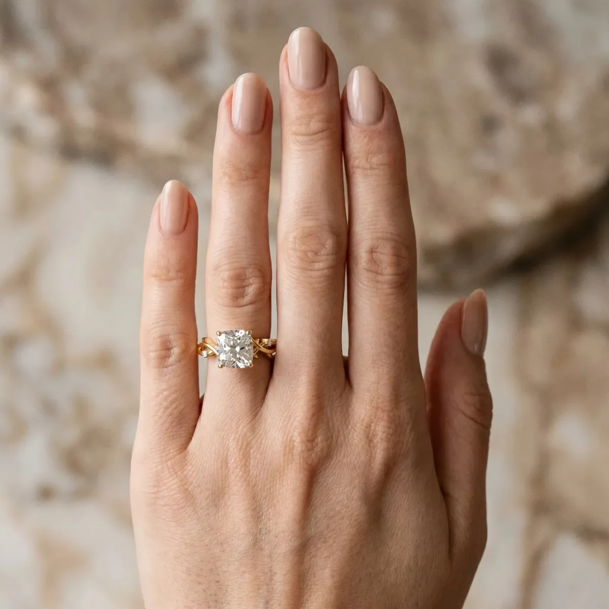 Cushion Cut Diamond Solitaire Ring with Twisted Band and Prong Setting Yellow gold