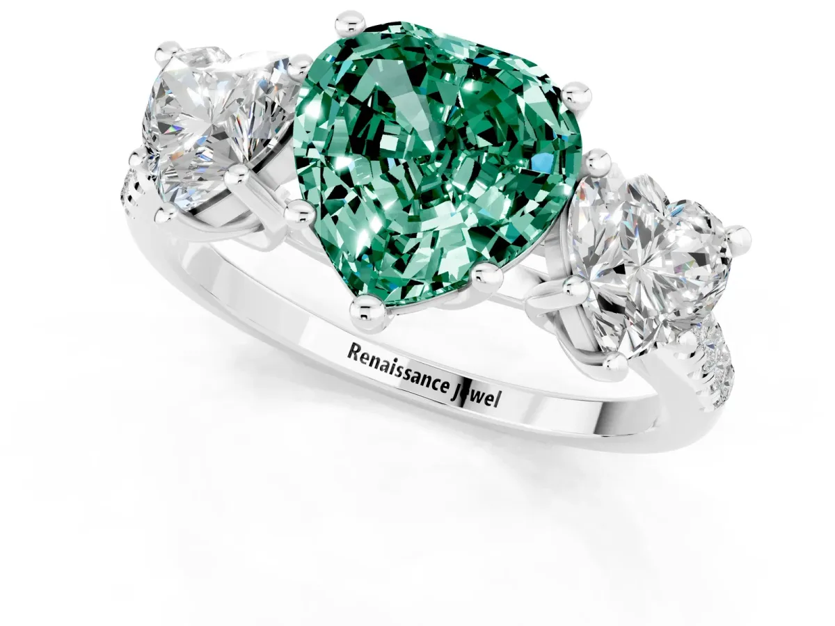 Three-Stone Heart Cut Green Sapphire Ring with Round Pavé Band and Prong Setting Silver