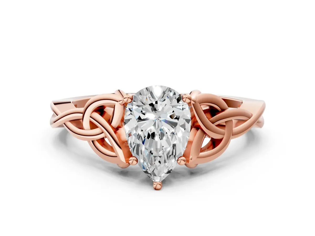 Pear Cut Diamond Solitaire Celtic Knot Ring with Four-Prong Setting Rose gold