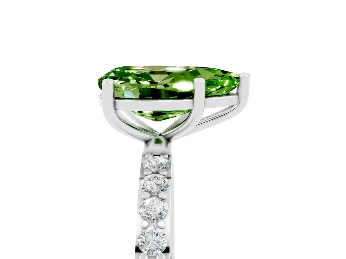 Pear Cut Peridot Solitaire Ring with Round Pavé Band and Prong Setting Platinum