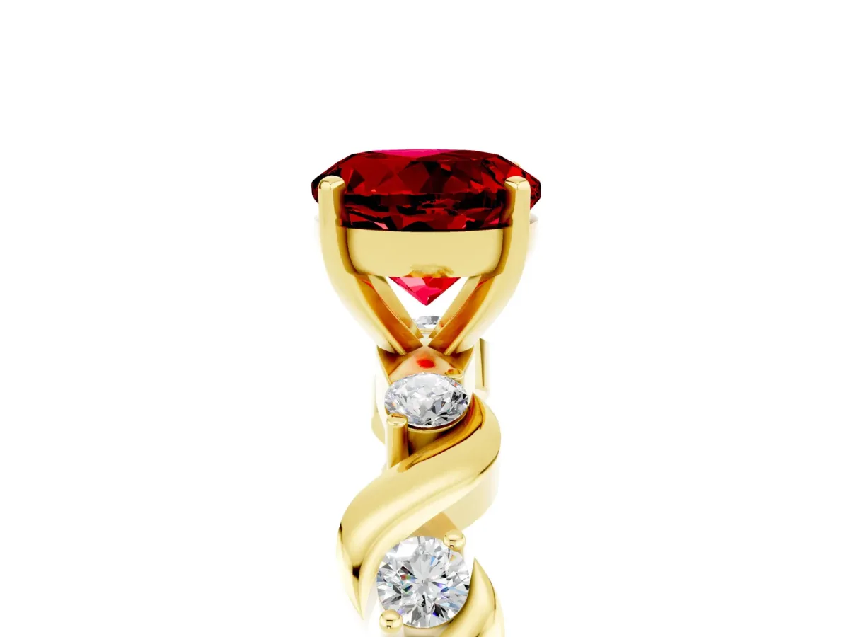 Round Cut Ruby Solitaire Twisted Band with Round Accents and Prong Setting Yellow gold