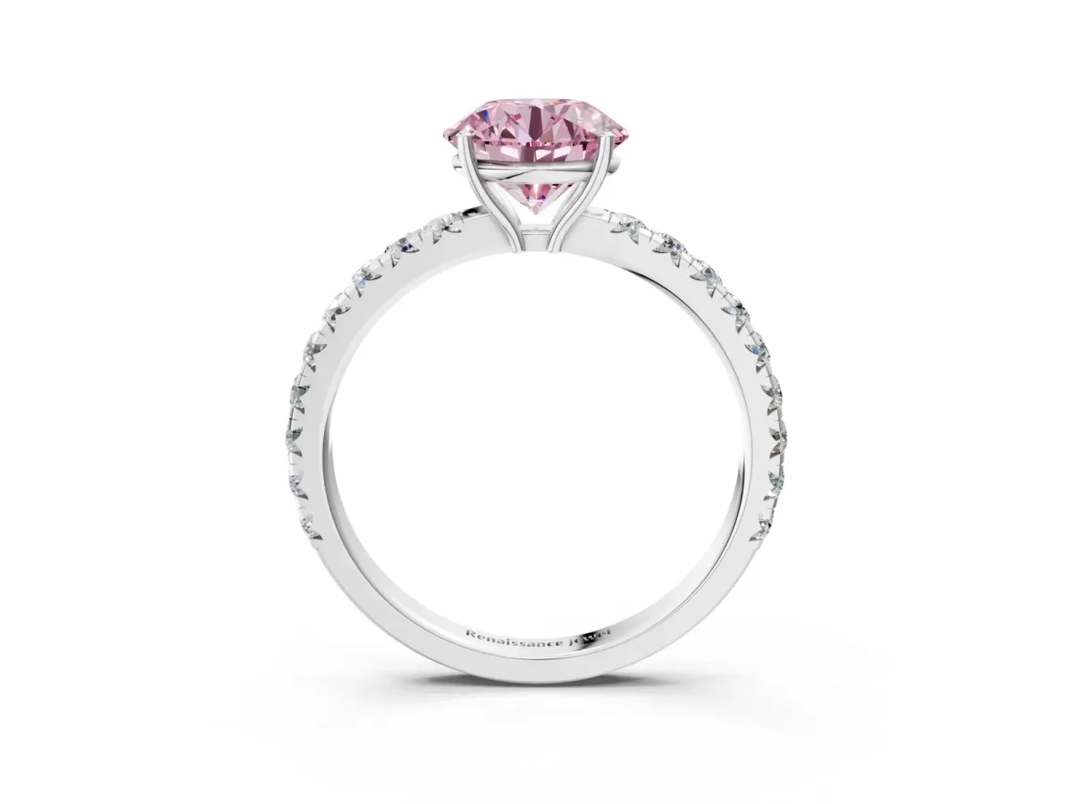 Fancy Pink Round Cut Diamond Pavé Solitaire Engagement Ring with Four-Prong Setting Silver