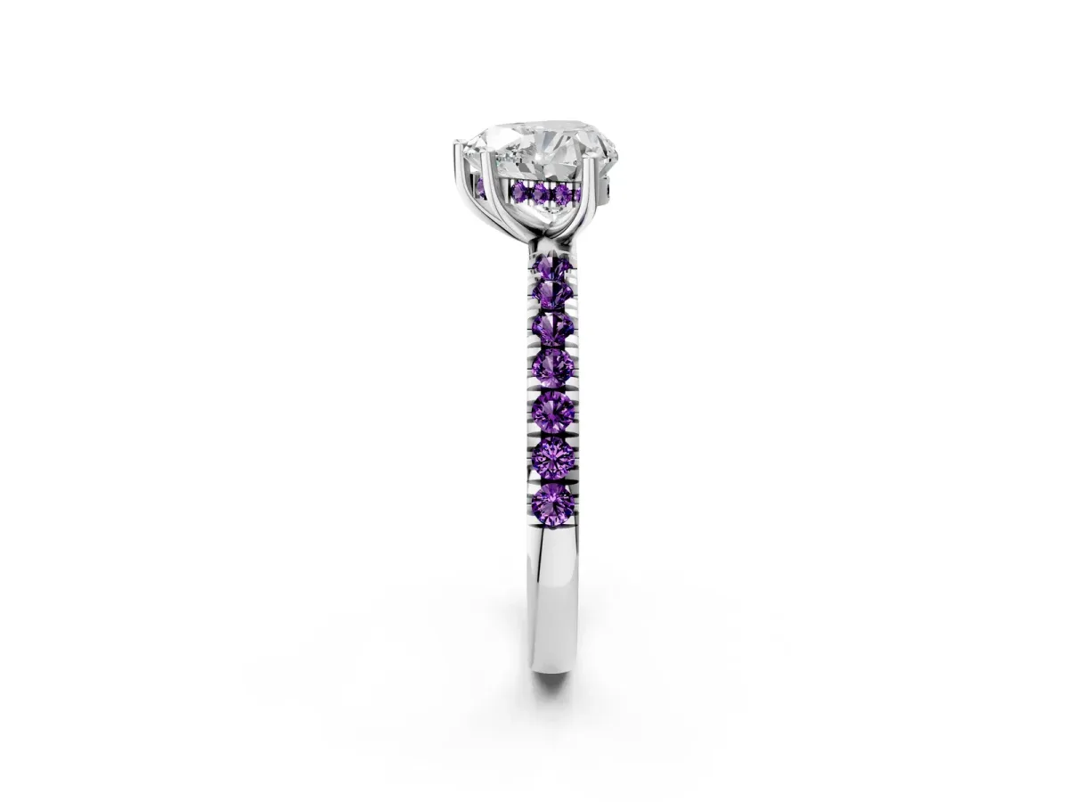 Heart Cut Diamond Pave Band Solitaire Ring with Round Amethyst and Prong Setting Platinum