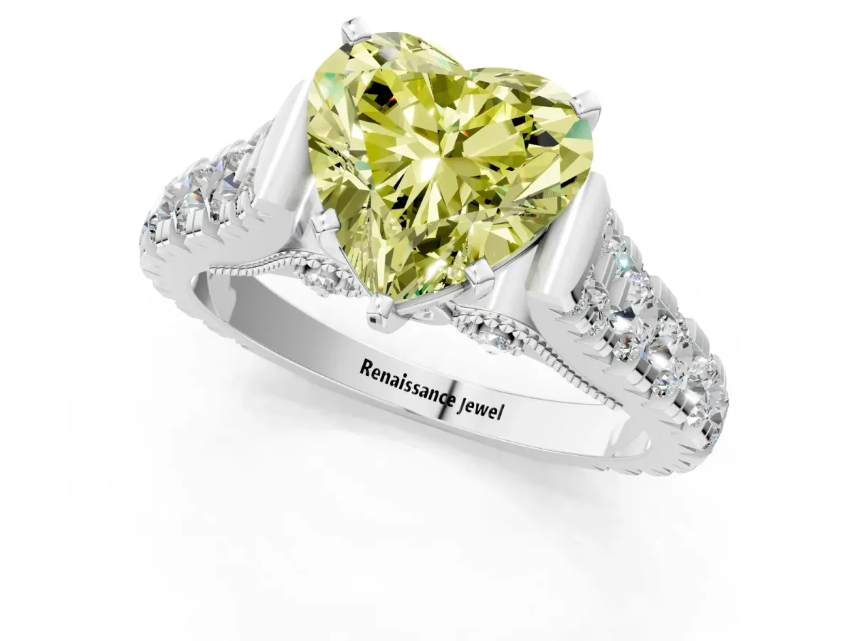 Fancy Yellow Heart Cut Diamond Classic Solitaire Ring with Pavé Band and Four-Prong Setting Silver