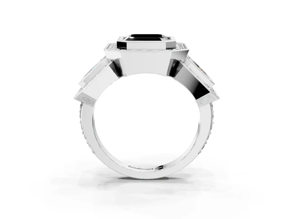 Fancy Black Three-Stone Asscher Cut Halo Pavé Diamond Ring Platinum