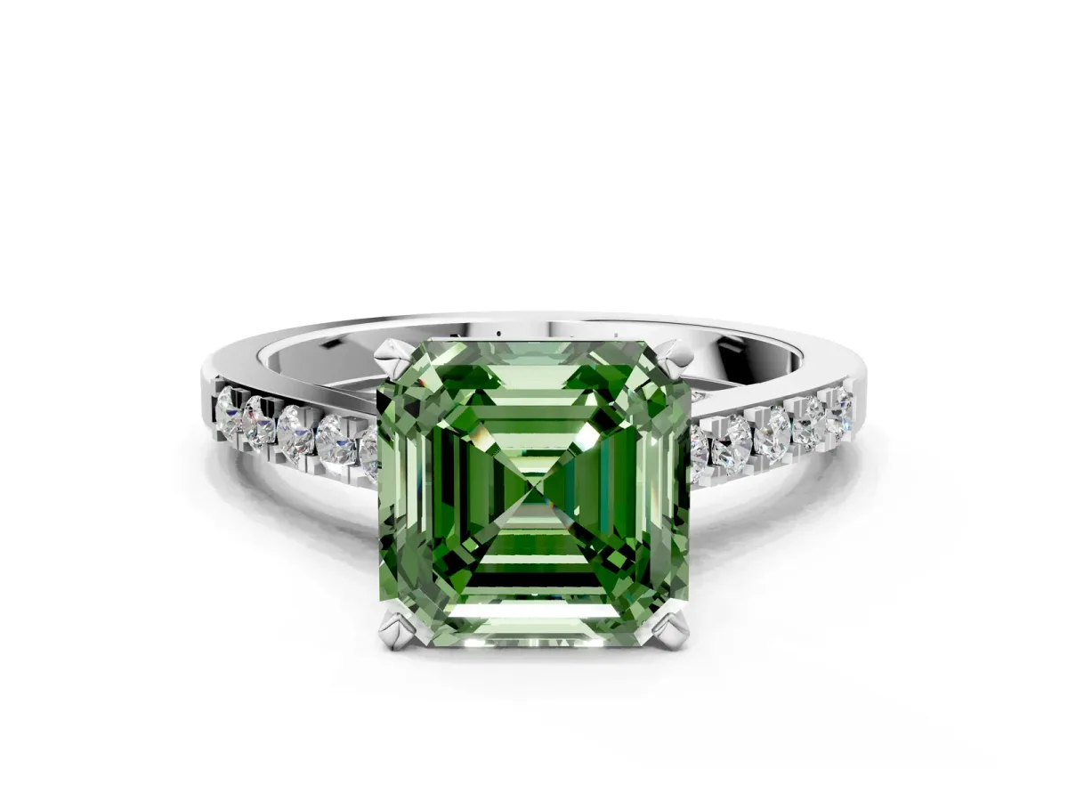 Fancy Green Asscher Cut Diamond Solitaire Ring with Crossover Gallery and Round Pavé Band Silver
