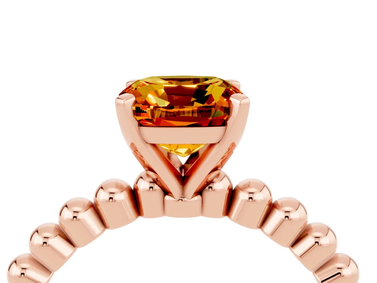 Cushion Cut Citrine Solitaire Ring with Beaded Band and Prong Setting Rose gold