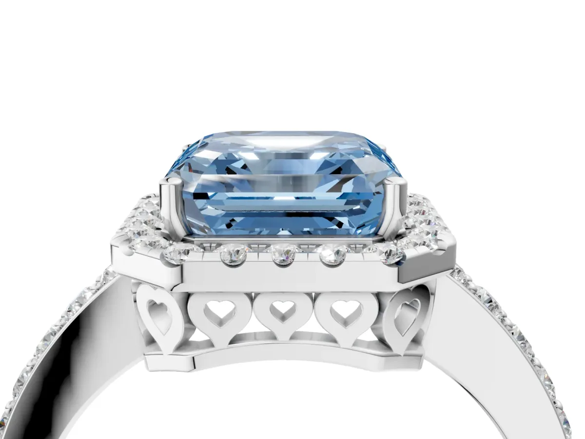 Fancy Blue Asscher Cut Halo Diamond Pavé Band Ring with Prong Setting Silver