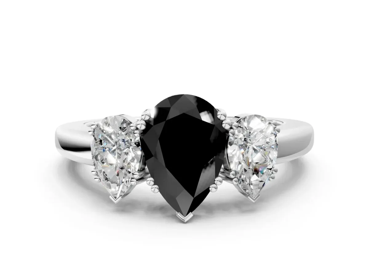 Fancy Black Three-Stone Pear Cut Cut Diamond Ring with Channel Set Band and Four-Prong Setting Platinum