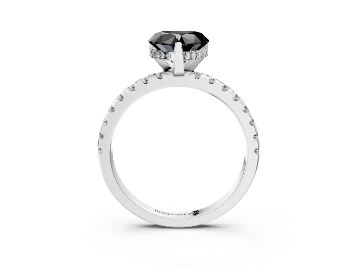 Fancy Black Heart Cut Diamond Solitaire Ring with Round Pavé Band and Four-Prong Setting Silver