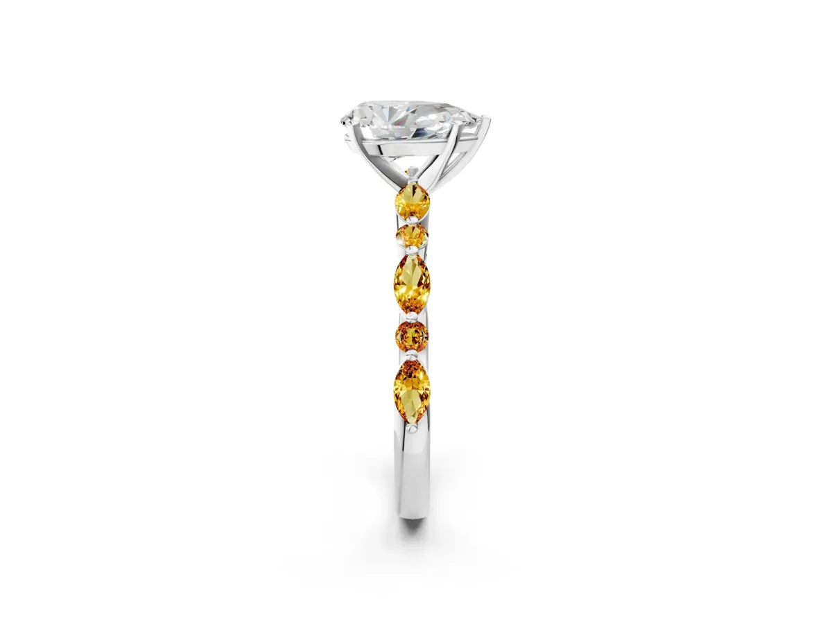 Pear Cut Diamond Ring with Marquise and Round Citrine Side Stones and Four-Prong Setting Silver