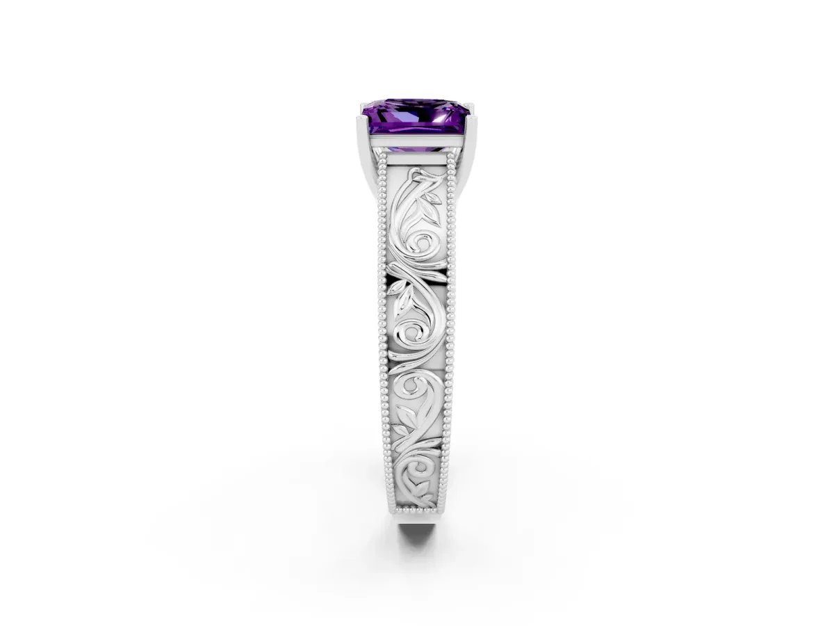 Princess Cut Amethyst Solitaire Ring with Engraved Band and Four-Prong Setting White gold
