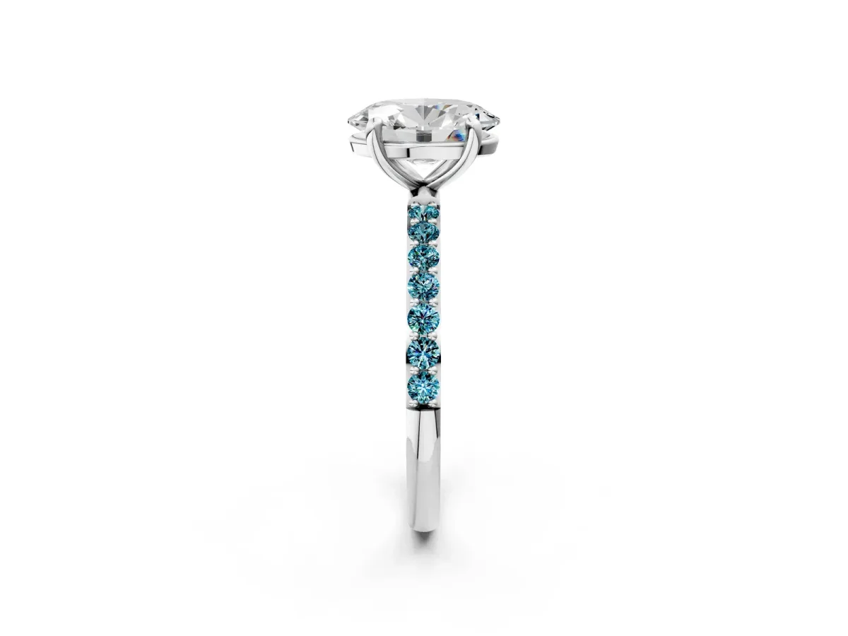Oval Cut Diamond Solitaire Ring with Round Blue Topaz Pavé Band and Prong Setting Silver