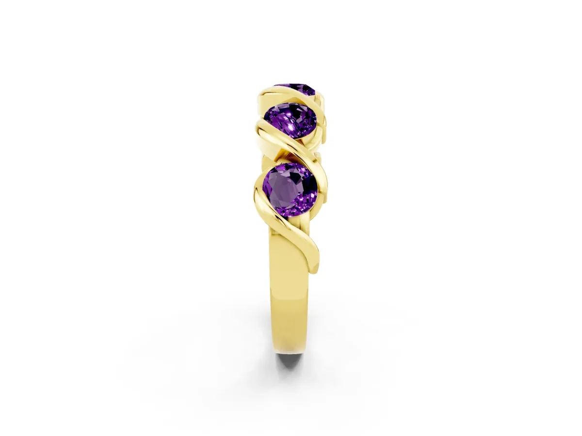 Round Amethyst Wave Band with Channel Setting and Shared Prongs Yellow gold