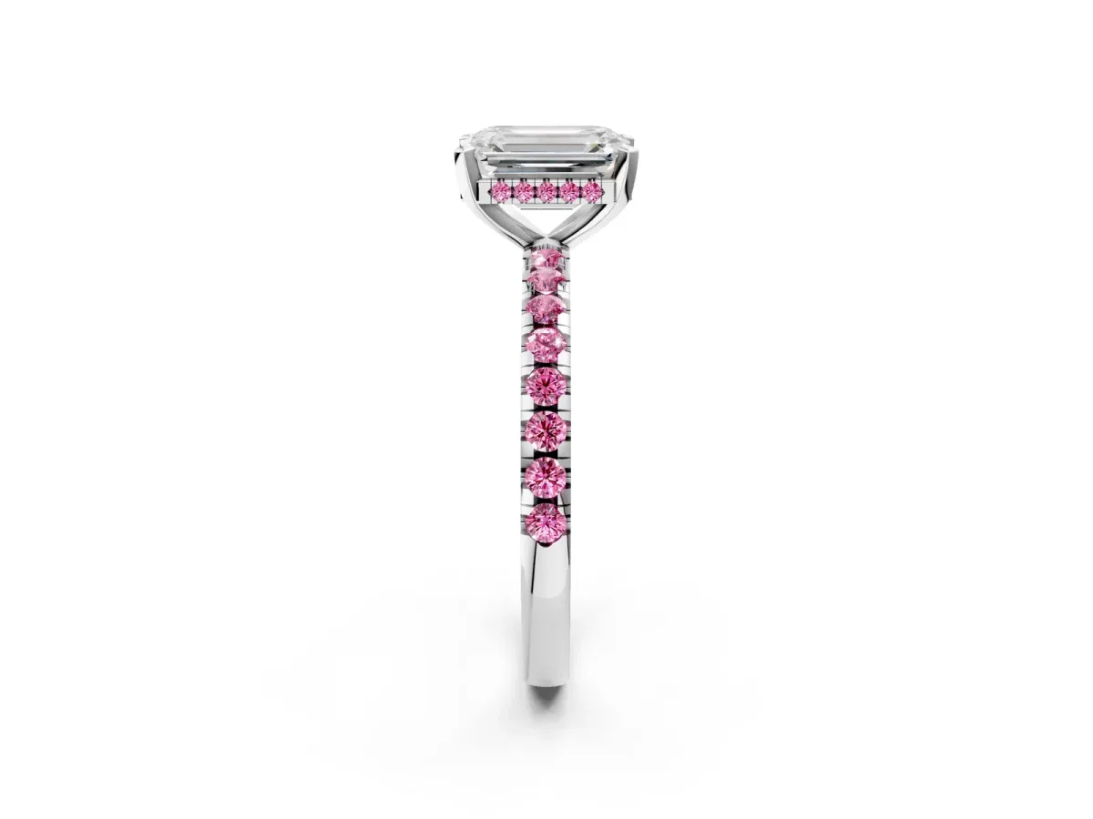 Emerald Cut Diamond Solitaire Ring with Round Pink Sapphire Pavé Band and Four-Prong Setting Silver