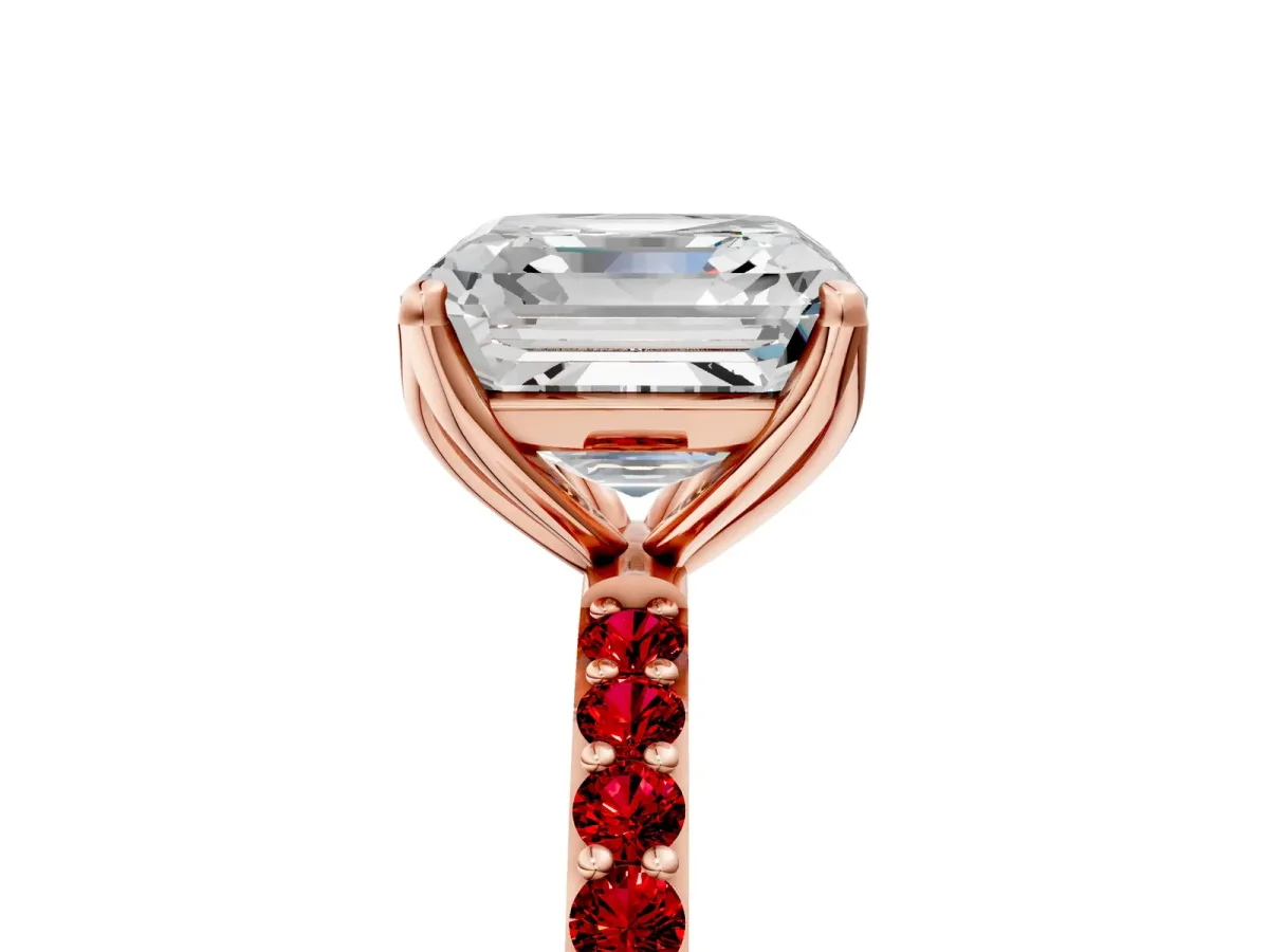 Asscher Cut Diamond Solitaire Engagement Ring with Round Ruby Pavé Band and Prong Setting Rose gold