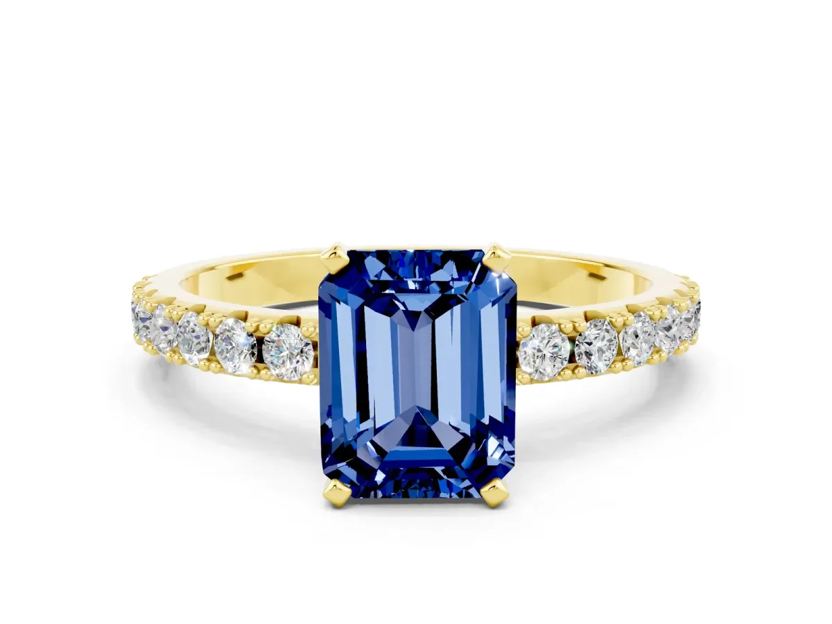 Emerald Cut Blue Sapphire Solitaire Pavé Band with Four-Prong Setting Yellow gold