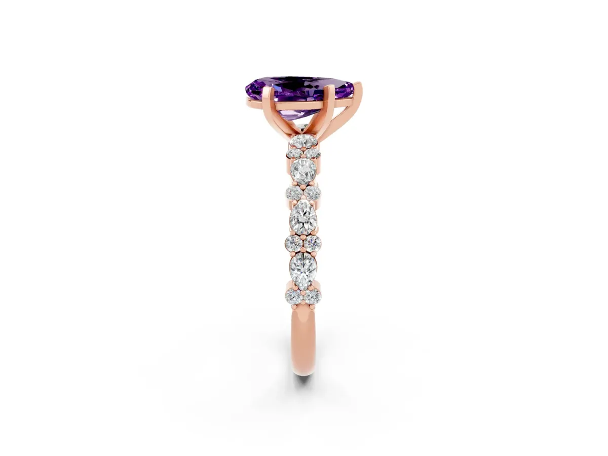Pear Cut Amethyst Side Stone Solitaire Ring with Round and Four-Prong Setting Rose gold