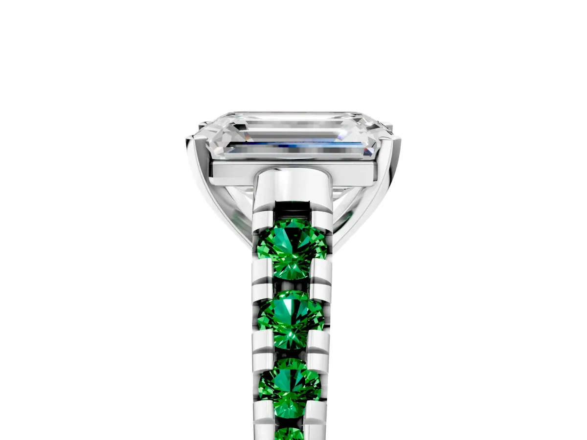 Emerald Cut Diamond Cathedral Solitaire Ring with Round Emerald Pavé Band Silver