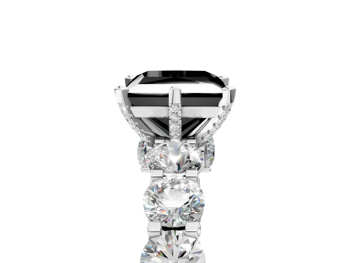 Fancy Black Princess Cut Diamond Side Stone Engagement Ring with Four-Prong Setting White gold