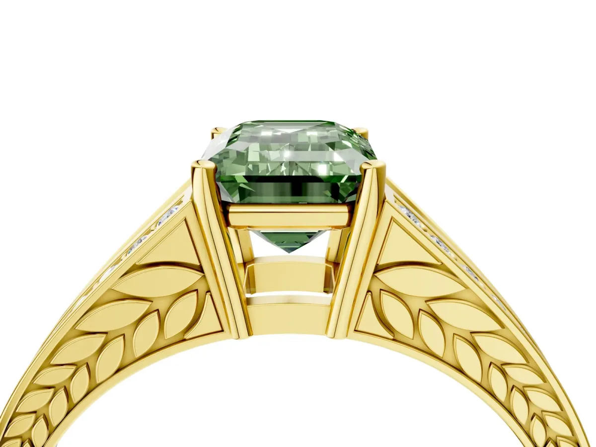 Fancy Green Emerald Cut Diamond Split Shank Ring with Pavé Band and Four-Prong Setting Yellow gold