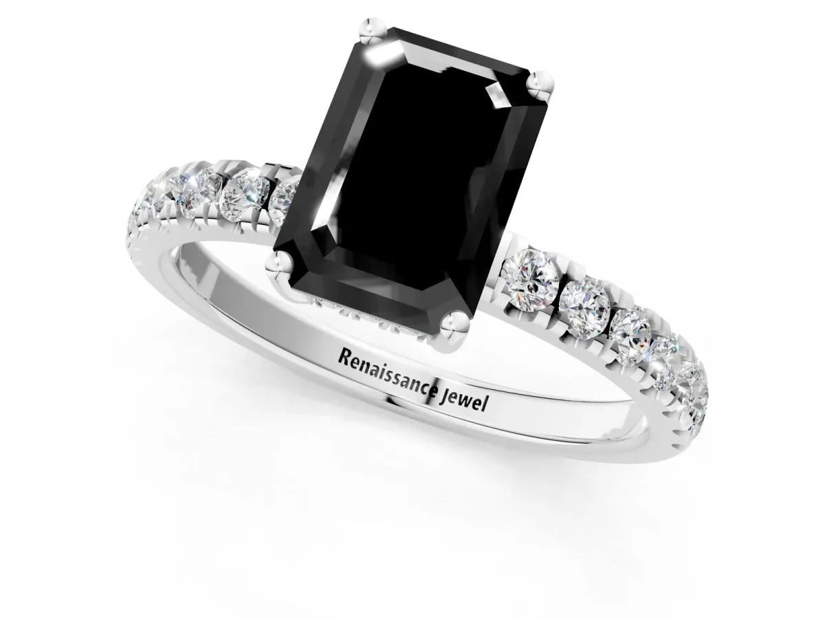 Fancy Black Emerald Cut Diamond Pave Band Solitaire Ring with Round and Prong Setting Platinum
