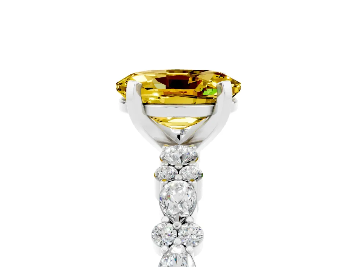 Oval Cut Yellow Sapphire Side Stone Solitaire Ring with Round and Four-Prong Setting White gold