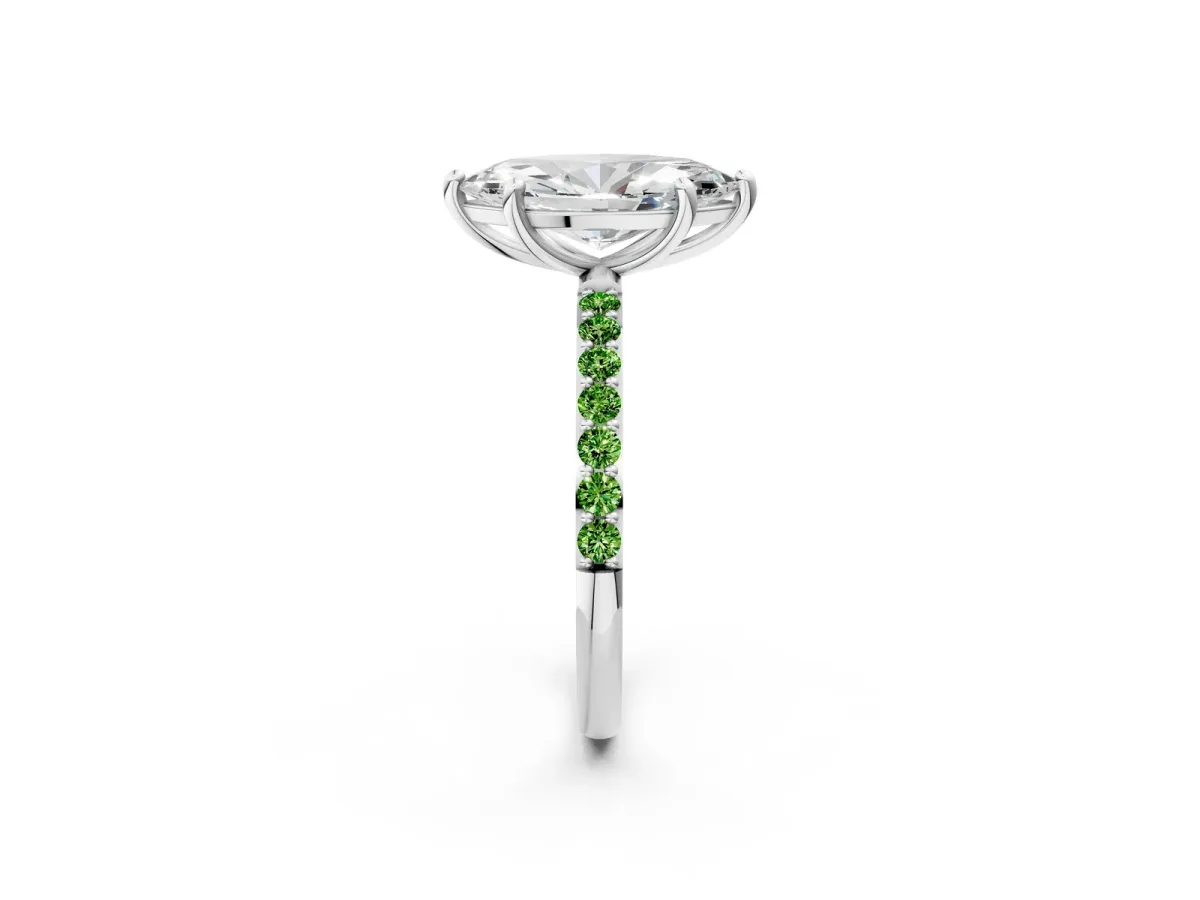 Marquise Cut Diamond Solitaire Ring with Round Peridot Pavé Band and Prong Setting Silver