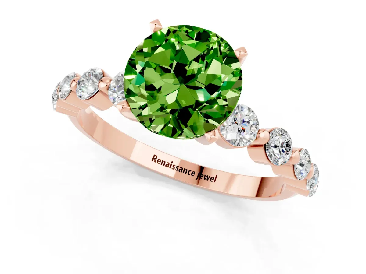 Round Cut Solitaire Peridot Ring with Pave Band and Four-Prong Setting Rose gold