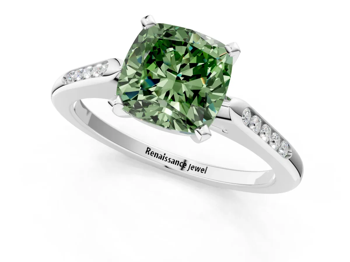 Fancy Green Cushion Cut Diamond Solitaire Ring with Channel Set Round Band and Prong Setting Silver