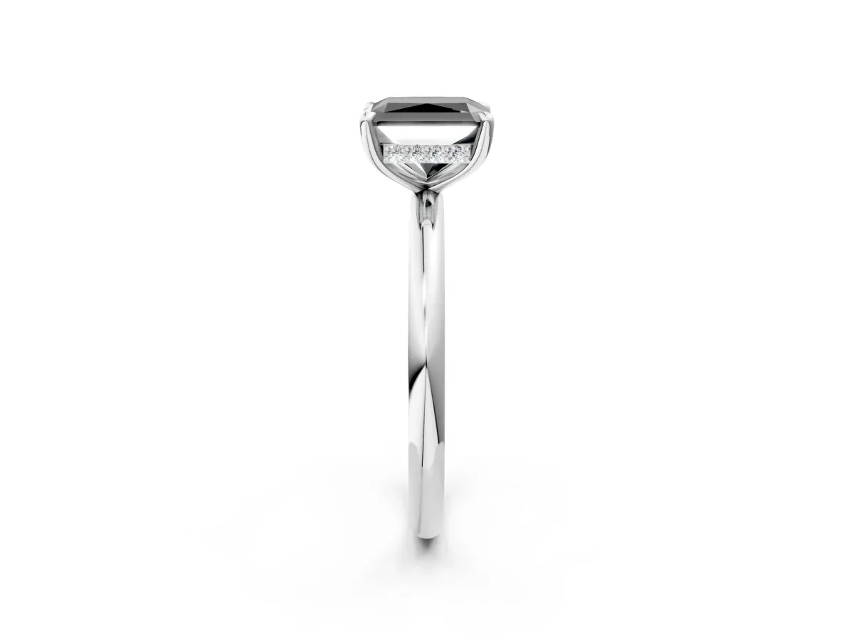 Fancy Black Radiant Cut Diamond Solitaire Ring with Thin Band and Four-Prong Setting Platinum