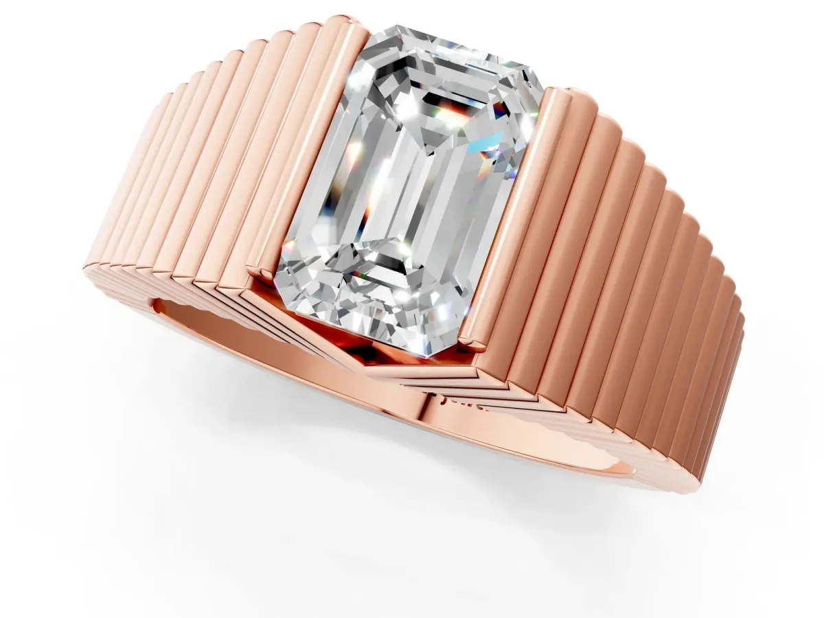 Emerald Cut Diamond Fluted Mens Ring Rose gold