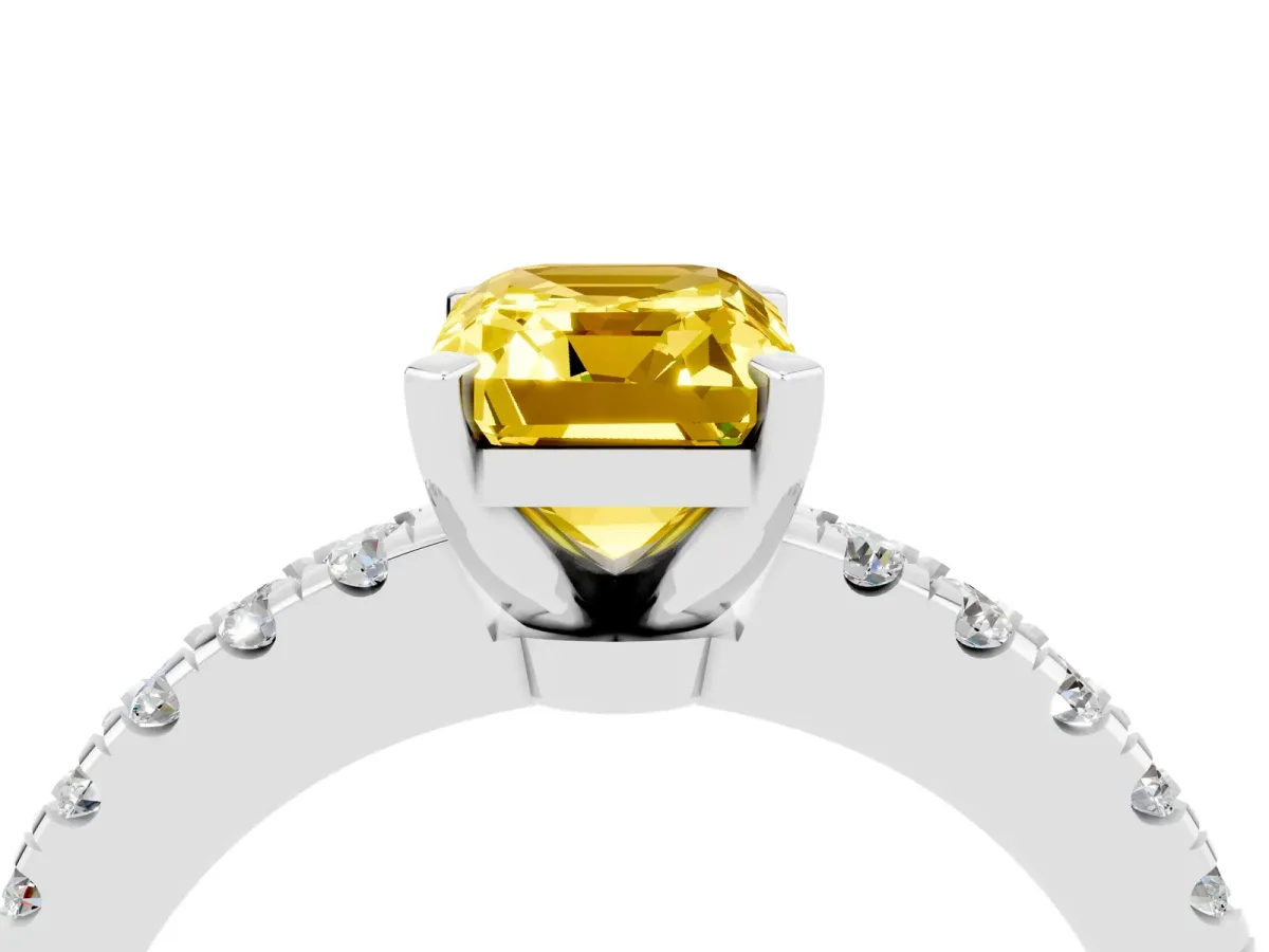 Emerald Cut Solitaire Yellow Sapphire with Pavé Band and Four-Prong Setting Silver