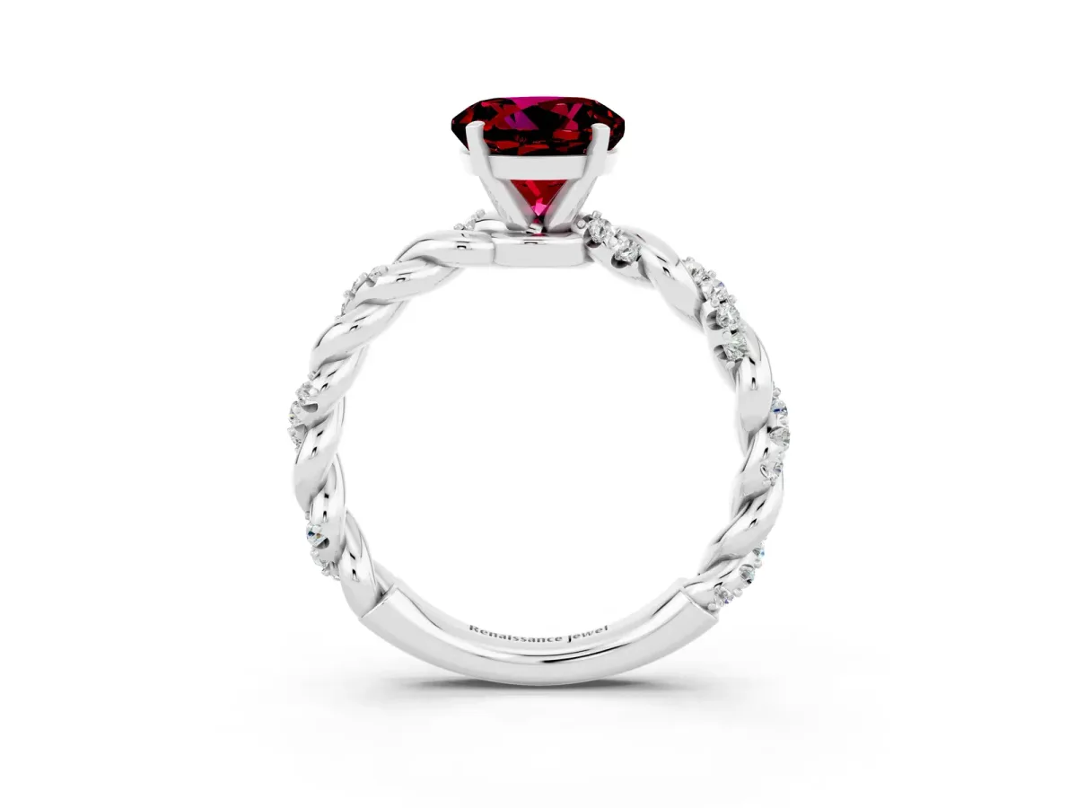 Round Cut Garnet Solitaire Ring with Twisted Band and Pavé Accents Silver