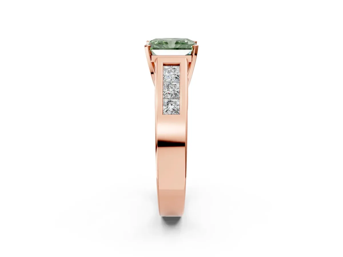 Fancy Green Radiant Cut Cut Channel Set Solitaire Ring with Four-Prong Setting Rose gold