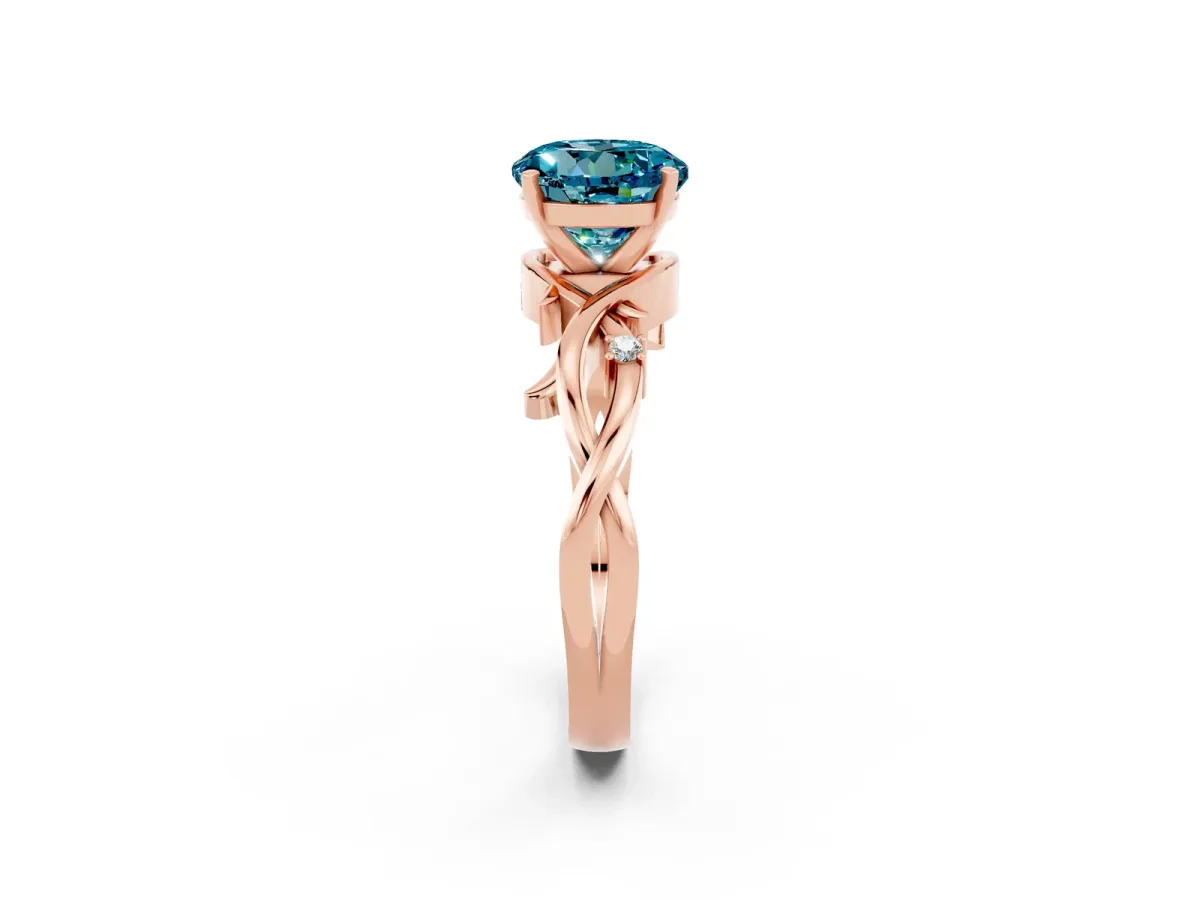 Round Cut Blue Topaz Solitaire Ring with Twisted Band and Prong Setting Rose gold