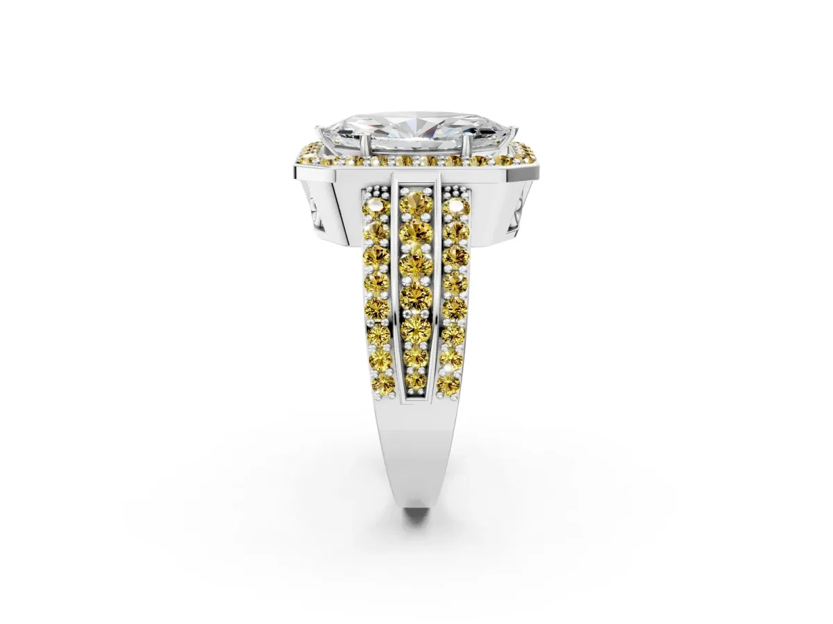 Marquise Cut Halo Diamond Ring with Round Yellow Sapphire Split Shank and Prong Setting Silver