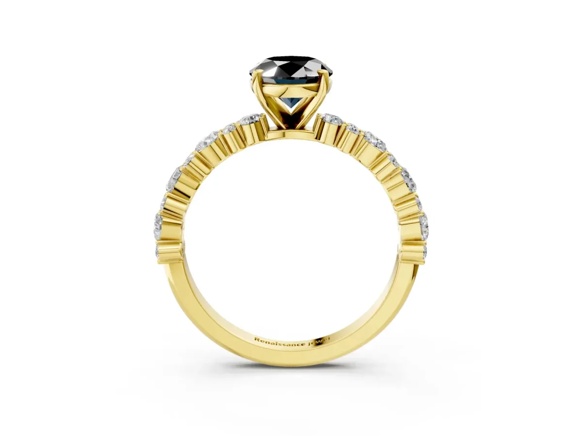 Fancy Black Oval Cut Diamond Side Stone Solitaire Ring with Round and Four-Prong Setting Yellow gold